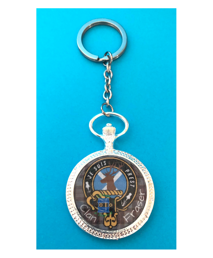 Porte-clés montre à gousset ronde Crest Clan Fraser et devise Je Suis Prest