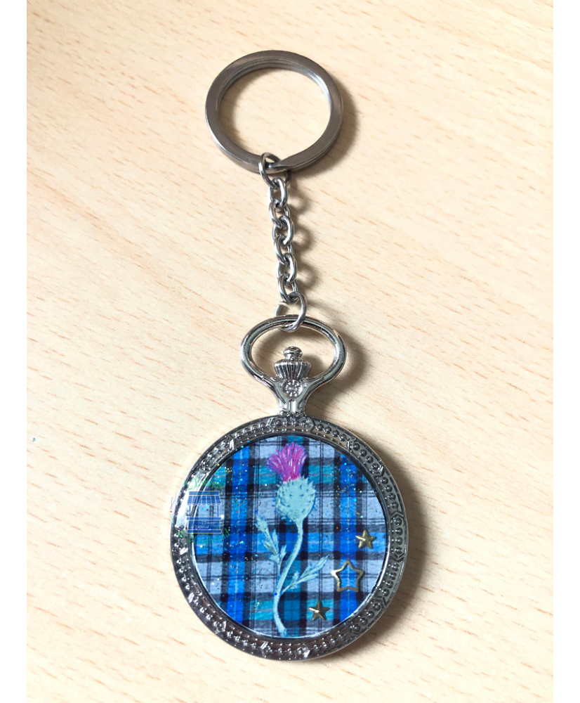 Porte-clés montre à gousset ronde Chardon tartan bleu/gris