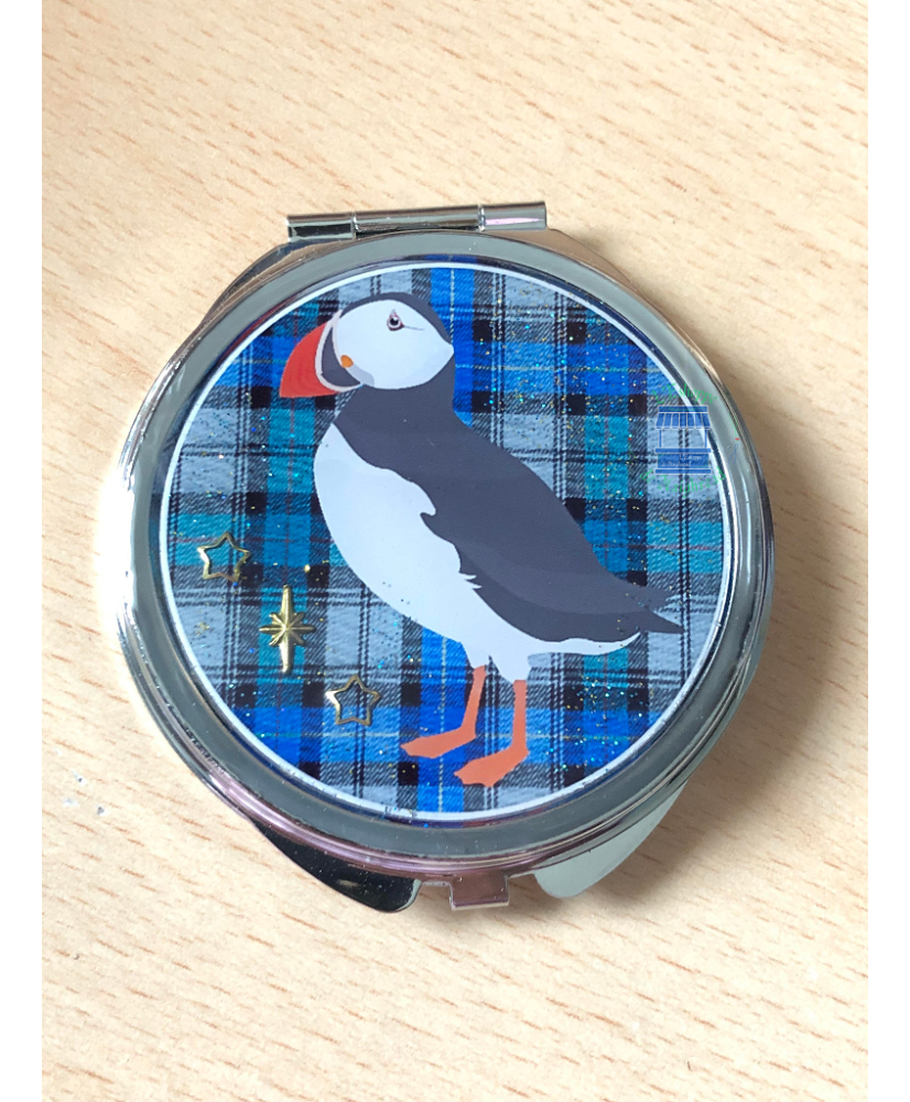 Miroir de poche Puffin tartan bleu/gris