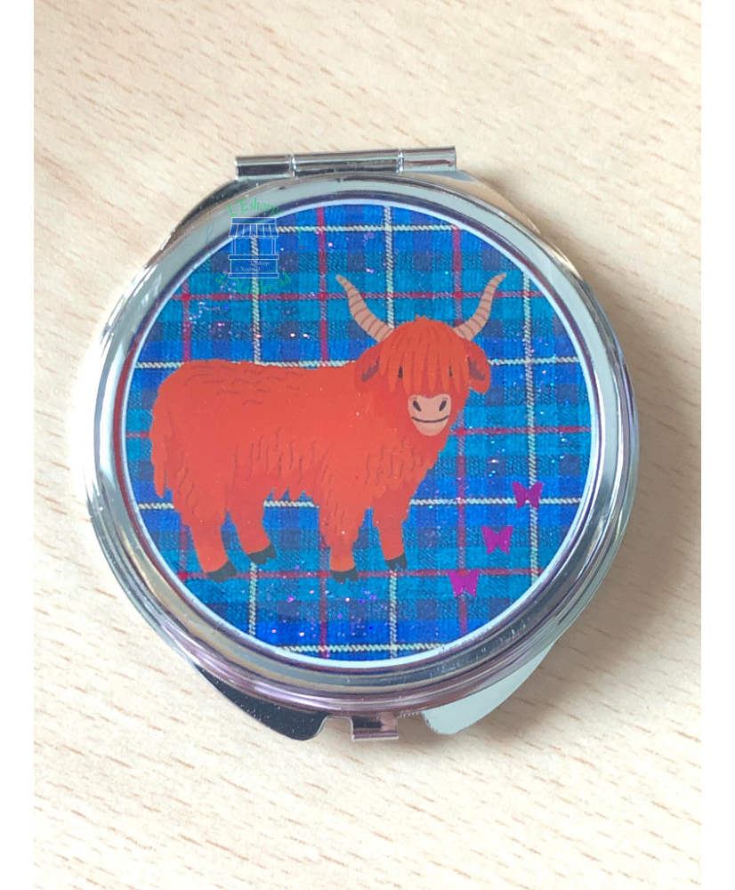 Highland cow tartan blue/green pocket mirror