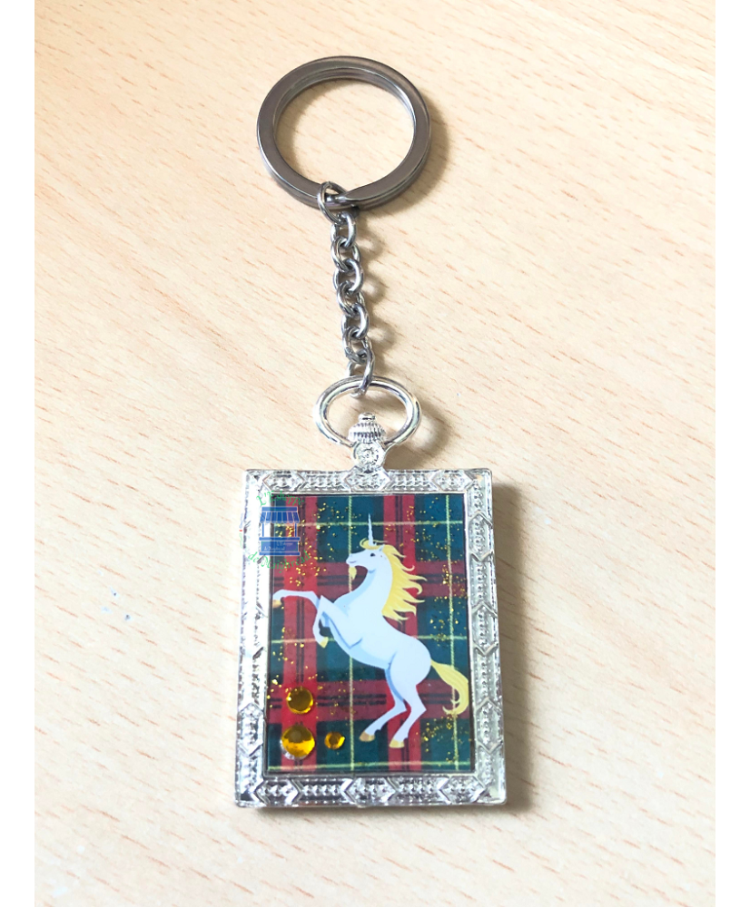 Keychain rectangular Unicorn green/red tartan