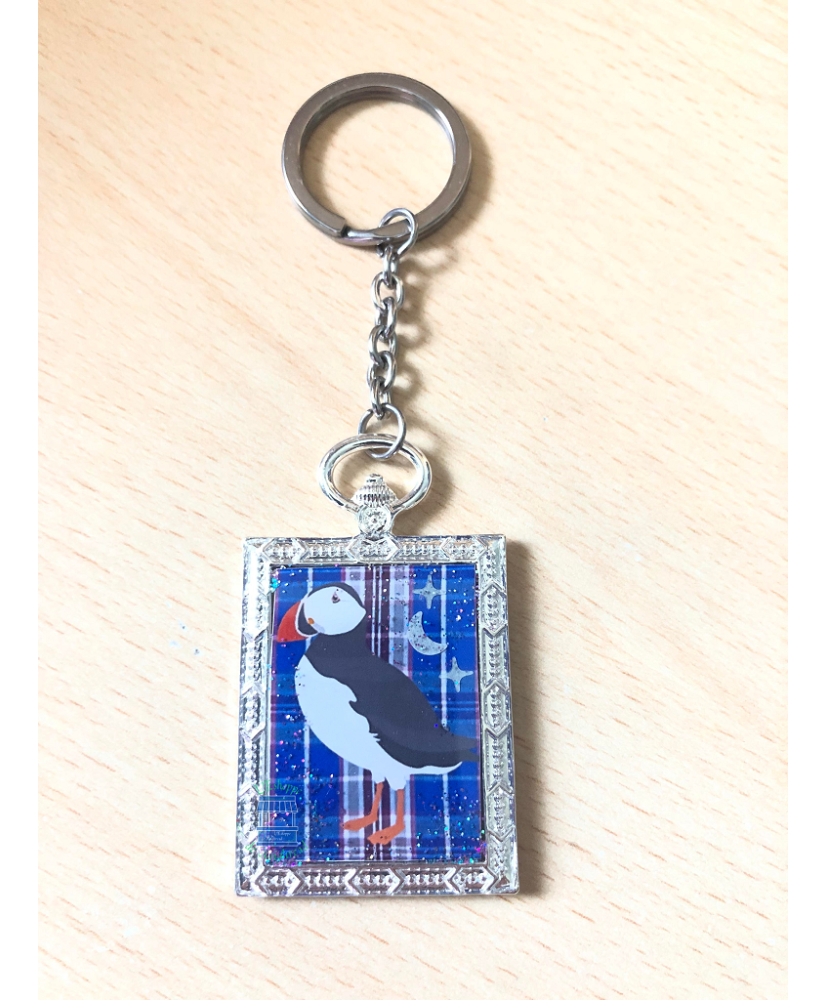 Keychain rectangular Puffin blue/purple tartan