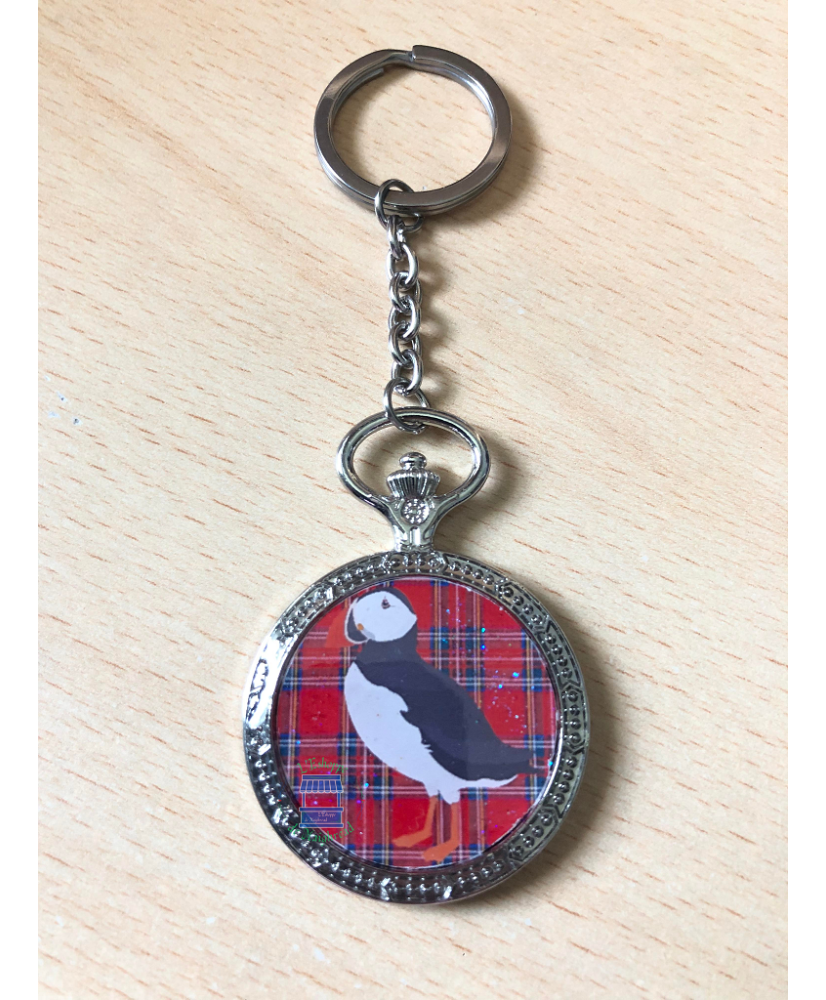 Keychain round gousset Puffin red tartan