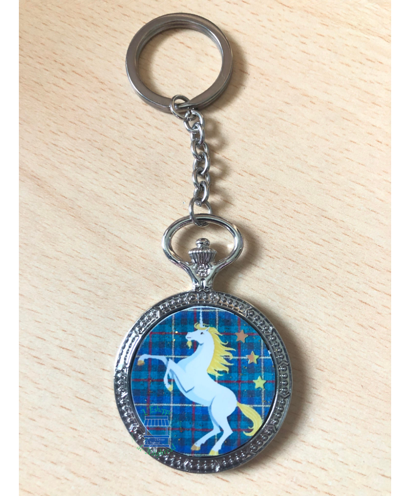 Porte-clés montre à gousset ronde Licorne tartan bleu/vert