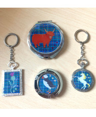 Keychain round gousset Unicorn blue/green tartan